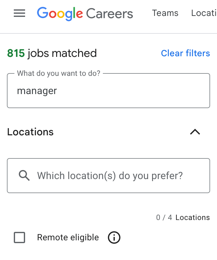 Searching for a remote role at the Google Careers website