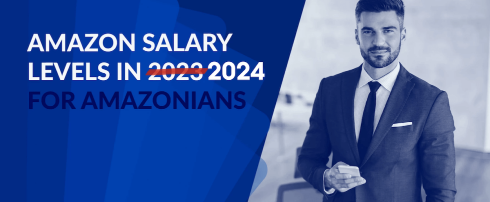 A businessman in a suit holding a mobile phone in his hand. The banner image has the text "Amazon Salary Levels in 2024 for Amazonians".